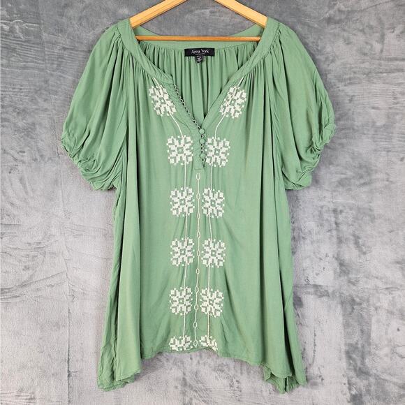Womens‎ Top 22/24 Green Boho Floral Embroidered Peasant Hippie Casual Feminine - Picture 1 of 7